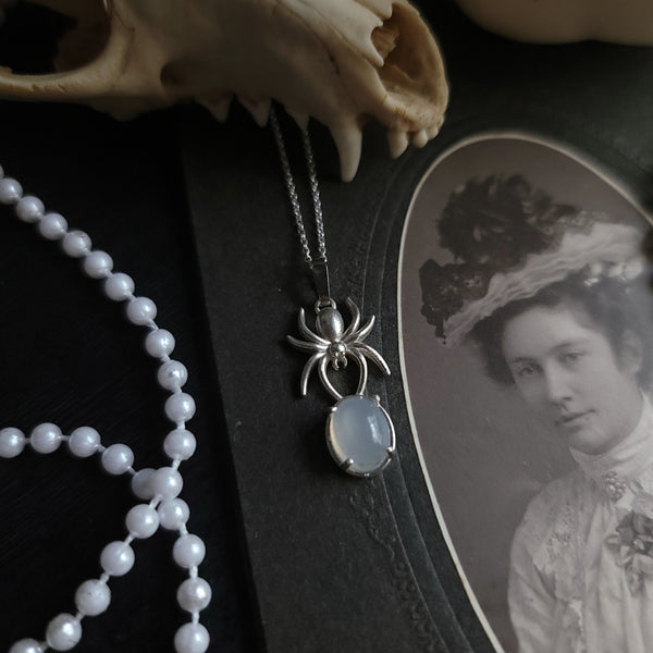 White Moonstone Spider Necklace - Sterling Silver