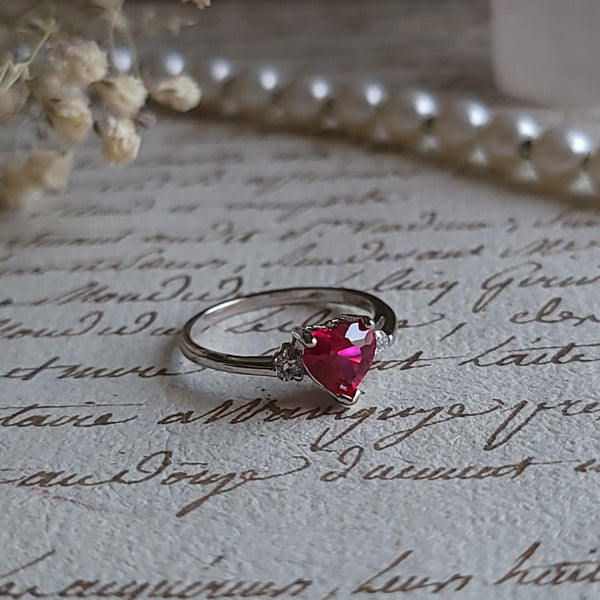 Ruby Heart Ring CZ - Sterling Silver Ring