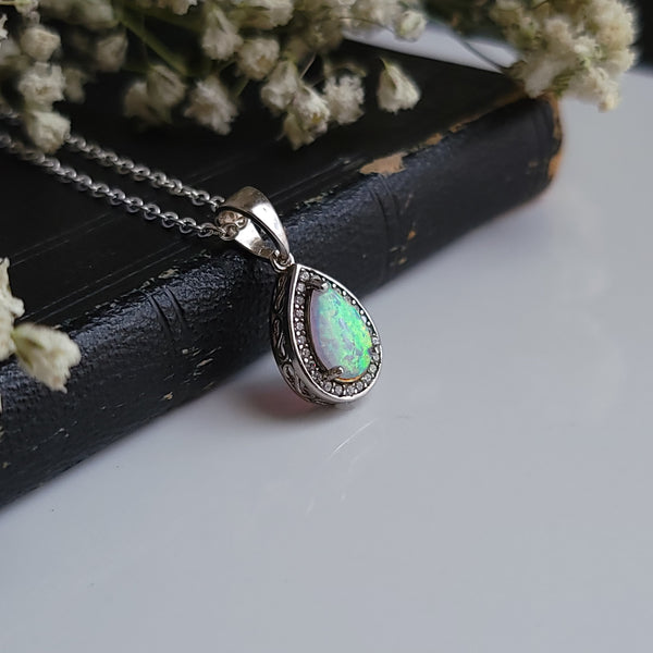 Opal Teardrop Necklace Sterling Silver